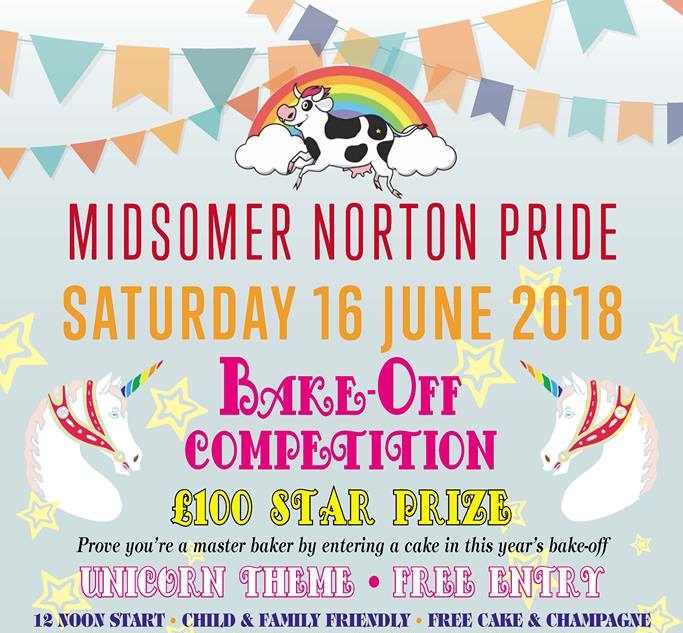 Poster for pride bakeoff. Shows stars and unicorns under coloured bunting with text giving date (16th June) and time (mid day) of the bake off